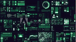 cold blue Futuristic interface/Digital screen.Detailed abstract background with blinking and switching indicators and statuses showing work of command center, processing big data, machine deep learnin