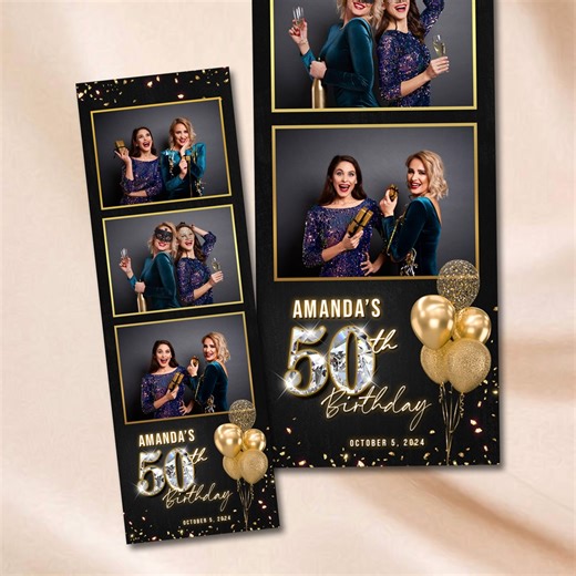 Birthday Photobooth Template, Black With Gold and Silver Balloons, 2x6 Photo Strip Overlay Sweet 16 Photo Booth Template Black Gold Birthday - Etsy