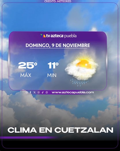 ¡Alertas! 🚨❄️ Comienzan los cambios de temperatura en Puebla, consulta el pronóstico del clima de hoy domingo. 🥶 Más en https://www.aztecapuebla.com/clima/clima-en-puebla-hoy-9-noviembre-2025-se-espera-un-domingo-agradable | TV Azteca Puebla