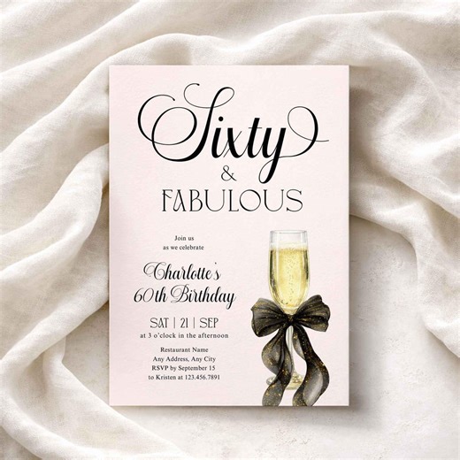 Editable 60th Birthday Invitation Printable, Champagne 60th Birthday Invite for Women, Elegant Birthday Party Invite, Digital Download - Etsy