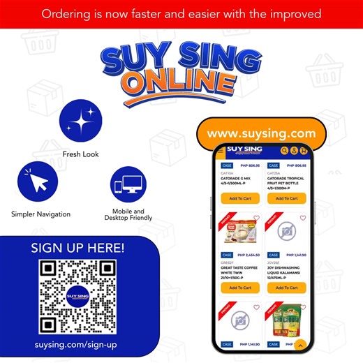 Ka-Suy Sing, mas madali nang mag-order with the improved Suy Sing Online! 🆕 Fresh, new look 👌 Easy to navigate 📱💻 Pwedeng i-access sa phone, tablet, laptop, or desktop computer! Register na sa www.suysing.com/sign-up/! #SuySing #GrocerySuccessForever | Suy Sing