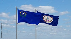 Virginia and Nevada US state flags waving together on cloudy sky, endless seamless loop