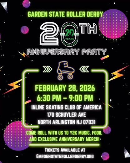 Skate with us as we celebrate 20 years of roller derby! Join the team at the Inline Skating Club of America in North Arlington for an open skate session that takes it back to the early 2000s—think pop hits and classic rink energy. Inline skates will be available for rental or bring your own. We’ll keep you fueled with pizza, soda, and cake while you roll. We’ll also be joined by special guest appearances from Garden State Roller Derby veteran members. Dress in your best Y2K-inspired fit and get