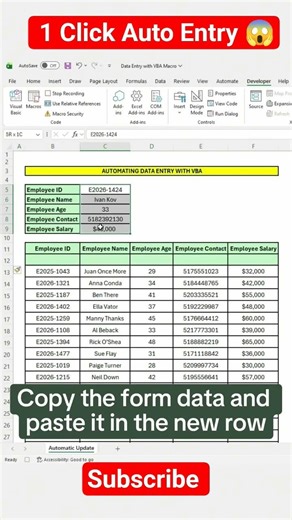Manual Data Entry Bandh! 😱 Excel VBA se Auto Fill Trick #excel #shorts #viral #vba