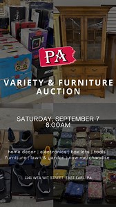 17 reactions · 3 comments | Stop in for some good old fashioned auction fun!朗 This LIVE BIDDING only auction has everything from box lots, electronics, furniture, shoes, tools, outdoor items & so much more! Auction starts at 8:00am on 9/7–don’t be late! 1141 Wea Wit Street, East Earl, PA more details under upcoming auctions on our website! www.paauctioncenter.com | PA Auction Center, LLC | Facebook