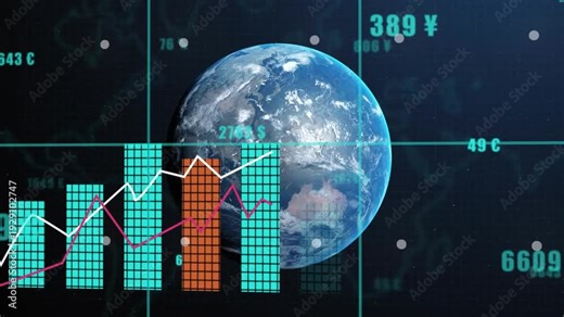 Floating numbers appearing, planet rotating while bars rising left-to-right, showing market trends