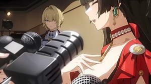 two women, closed eyes, open mouth, long hair, hair over one eye, blonde, video game girls, standing, smiling, moles, mole under eye, Zenless Zone Zero, Evelyn Chevalier (Zenless Zone Zero), Astra Yao (Zenless Zone Zero), microphone, black hair, pearl necklace, side view, video game art, anime games, stage lights | 3840x1620 Wallpaper - wallhaven.cc