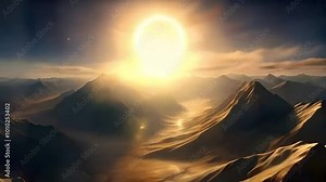 Time-lapse footage of a total solar eclipse casting eerie shadows over a rugged mountain range, as the sky darkens and then bursts back into light.