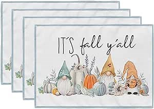 GEEORY Fall Placemats, 12x18 Inch Set of 4 Gnomes Pumpkins It's Fall Y'all Table Decor for Kitchen Dining, Indoor & Outdoor Dinner Party (Blue Gnome) GP089-18