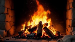 Download Fireplace burning brightly, logs crackling and radiating warmth, creating a cozy atmosphere perfect for winter nights and holiday gatherings for free