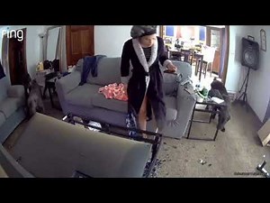 TV falls unexpectedly startling woman and dogs in Cleveland, Ohio, USA