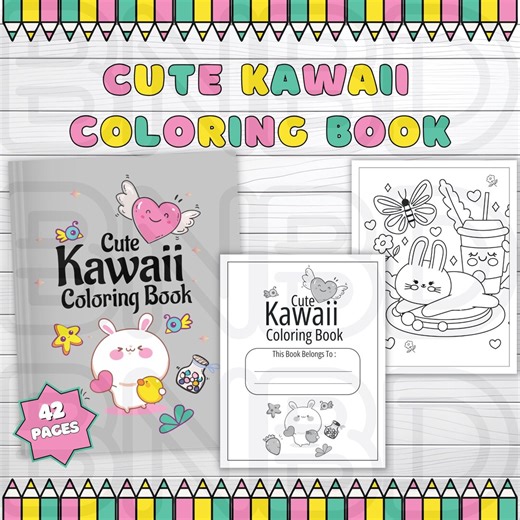 42 Cute Kawaii Coloring Book, Printable Easy Coloring Pages, Adorable Animals, Sweets for Kids and Teens Relax Digital Download Home Print - Etsy UK
