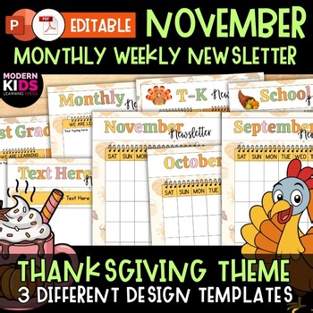 EDITABLE Month & Week November Fall Thanksgiving Day Theme Newsletter Templates