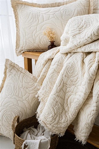 Rose Embossed Muslin Comforter King Size – Cotton Lightweight Bedspread, Ivory & Plum Purple Reversible Quilt - Etsy