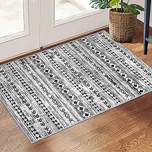 Moroccan 2x3 Rugs for Entryway Black and White Washable Small Area Rug Non-Slip Soft Print Vintage Distressed Geometric Low-Pile Indoor Door Mat Floor Carpet for Entrance Kitchen