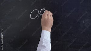 The hand writes the word OPEN on a chalkboard with chalk, then erases it and writes the word CLOSED