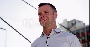 Civil engineering, tablet and man in city for thinking of architecture, project management and vision of property development. Contractor, technology and planning construction ideas at urban site