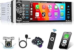 Podofo Single Din Car Stereo with CarPlay Android Auto 5.1" IPS Touch Screen Bluetooth Car Radio Audio Receivers with Voice Control Mirror Link FM Radio SWC USB Backup Camera Mic AUX-in