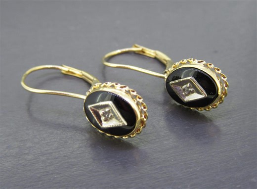 Vintage 10k Gold Onyx Earrings With Tiny Diamond Accents - Etsy UK