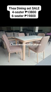 9.7K views | Thea Dining set SALE 4-seater ₱13800 6-seater ₱19800 COD Ready for delivery To order please PM or Text Call Viber Ms Diane 09174701848 Ms Salve 09368907524 Ms Sheila 09214350526 Ms Salome 09266175834 Ms Rowena 09555604821 Classic Modern Furniture Trading Greenland Sumulong Highway Antipolo Rizal Classicmoderninterior.com | Classic & Modern Interior Furniture Philippines | Facebook