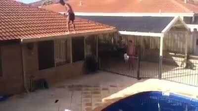 Backflip into Pool from Roof Near Miss