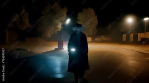 The mysterious figure of a woman with a flashlight in the dark night. Concept: investigations and detective stories or thrillers