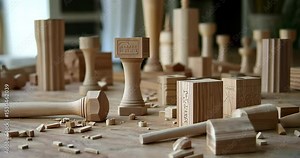 A craftsman meticulously carves miniature wooden buildings and structures, creating a detailed cityscape on a workbench.