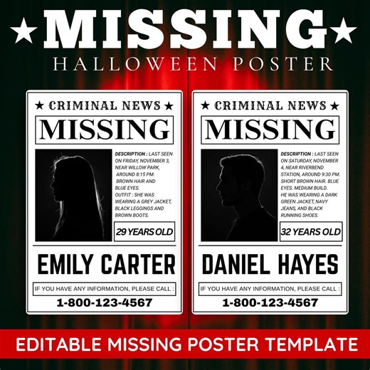 Editable Halloween Missing Sign Canva Template | Horror Missing Person Poster | Scary Lost Flyer Printable | Spooky Party Decoration - Etsy