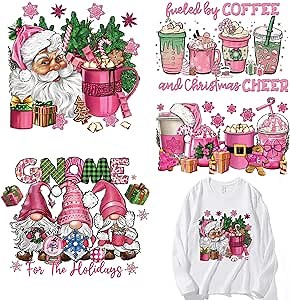 4 Sheets Pink Christmas Iron on Transfers Stickers Christmas Heat Transfer Vinyl Decals Santa Claus Design Winter Xmas Iron on Patches Sticker for T-Shirts Clothing Bags Holiday Clothes Decoration