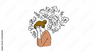 Woman in depression. Stress. Confused thoughts. Psychological problems. Painful condition. Human health. Character 2D animation. White background.
