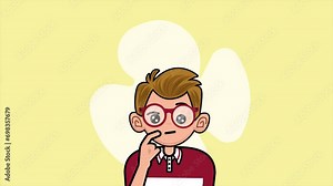 Boy thinking and looking for answer, Concept of a great idea, brainstorming. hand gesture, index finger up. Solution of the problem, right decision, 2d character animation