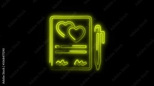 Glowing Marriage Certification Icon and Symbol in HD Video Neon Animation on Black Background