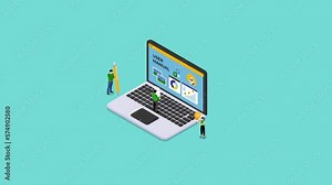 looking at user manual paper on a big laptop computer 3d animation in 4K UHD 3840x2160