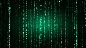The Matrix style binary code. The camera moves through falling numbers and letters. Green version. Seamless loop. 4K