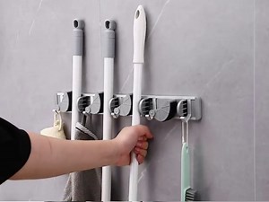 Mop and Broom Holder Wall Mount, Broom Organizer Wall Mounted, Plastic Storage Organizer Hooks, for Home, Kitchen, Garden, Garage, Laundry(4 Racks 5 Hooks) (Grey)