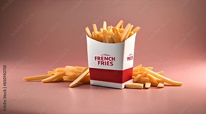 Paper packaging made of cardboard. French fries, fried, in a container. Fast food, production concept.