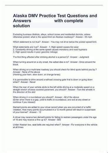 Latest Alaska DMV Practice Test Questions and Answers with complete solution86 video