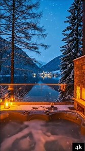 Would You Relax Here? Luxury Winter Hot Tub with Snow View 4K fireplace ❄️ lakeside Ambience 🎧