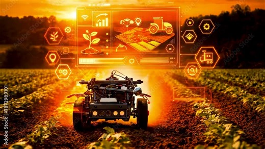Autonomous farming vehicle navigating crop fields at sunset with smart agriculture dashboards, precision land management and digital agronomy systems