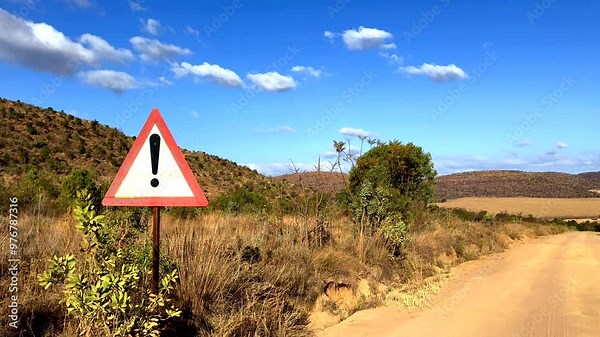 Caution traffic sign with exclamation mark on dirt road in South Africa, panning