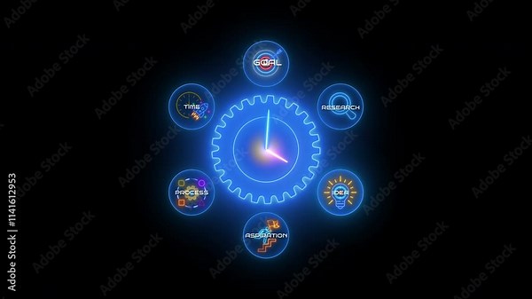 Business process and workflow with icons of research, idea, aspiration, process, time and goal. Business and technology concept. Neon line of arranging processing management on transparent background.