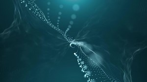 Abstract glowing wave from of particles and dots moves on a blue background, big data visualization, futuristic and digital background, 3D, 4K