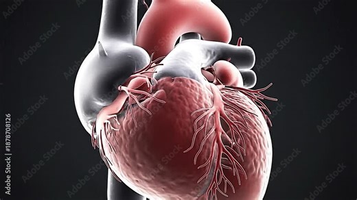 Realistic human heart beating animation showing arteries and veins, cardiology and anatomy medical concept