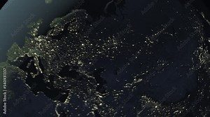 Seamless looping animation of the earth at night zooming in to the 3d map of Mongolia with the capital and the biggest cites in 4K resolution