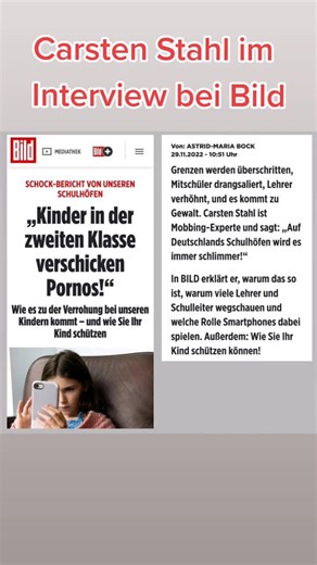 Carsten Stahl im Interview bei Bild, zum Thema Verrohung der Jugend und zu Mobbing und Gewalt an Schulen in unserem Land. https://m.bild.de/bild-plus/ratgeber/2022/ratgeber/schock-bericht-von-unseren-schulhoefen-kinder-in-der-zweiten-klasse-verschicken-81961206.bildMobile.html?t_ref=https://www.google.com/