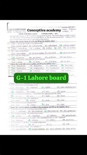 MCQS KEY English 2026 9th class Lahore board exams #modelpapers #answersheets