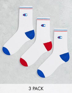 Champion 3 pack logo crew socks in white blue and red   | ASOS