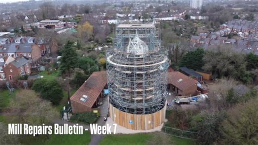 Mill Repairs Bulletin – Week 7 At a glance… - Scaffolding structure completed Welcome to Bulletin 7 of the Green’s Windmill repairs programme. Each week we’ll issue an update to keep you informed with progress along with photos and some interesting facts. After six weeks of construction the scaffold structure around Green’s Windmill has been completed. There is still a 70ft windmill under there, I promise! This fantastic drone footage kindly supplied by Ackroyd Construction Limited shows just ho