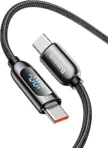 Baseus PD 100W USB C to USB C Cable, 5A Fast Charging USB C Cable with LED Display, Zinc Alloy Nylon Braided Type C Cable for iPhone 15/Pro/Plus/Pro Max, MacBook, iPad Pro/Air, Samsung S23/S22 (6.6ft)