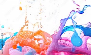 Abstract Splash of Color: A vibrant explosion of color on a white background, showcasing a dynamic and artistic burst of blue, pink, orange, and yellow paint. The splashes create a sense of energy and